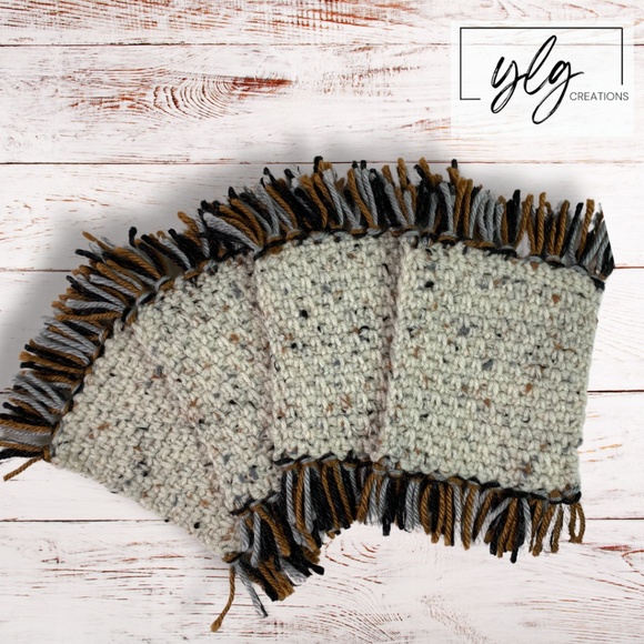 Mug Rugs Handmade Crochet Brown Gray Variegated Felt Backed Fringe 4 Coasters - Picture 1 of 11
